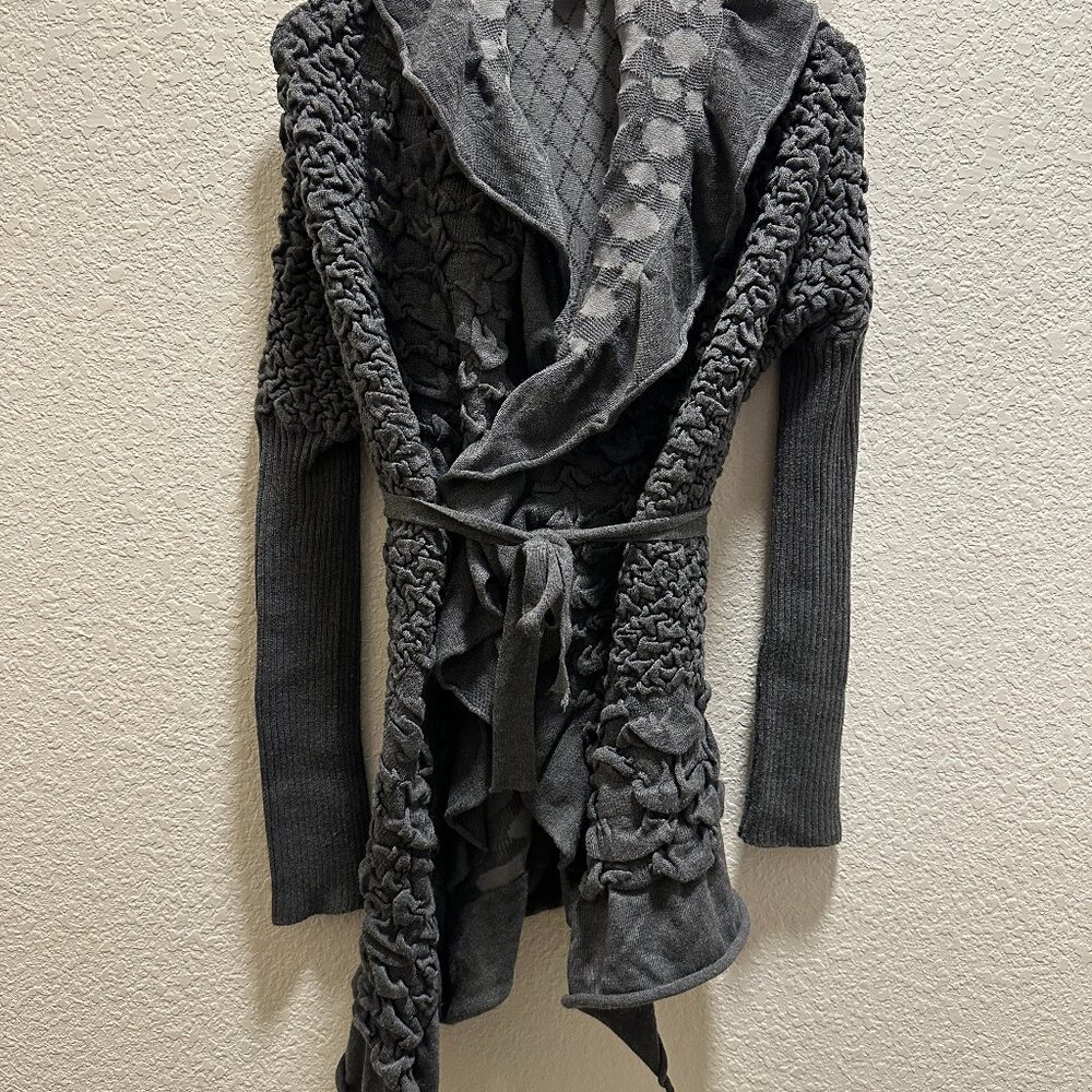 The Cue Women's Wool Blend Long Belted Cardigan Sweater Small Gray Ruffle